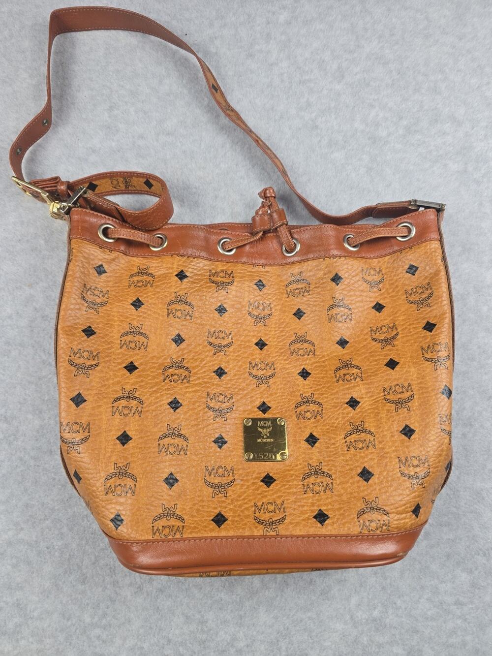MCM Vintage Cognac Visetos Drawstring Shoulder Bag Leather Germany Brass Lock